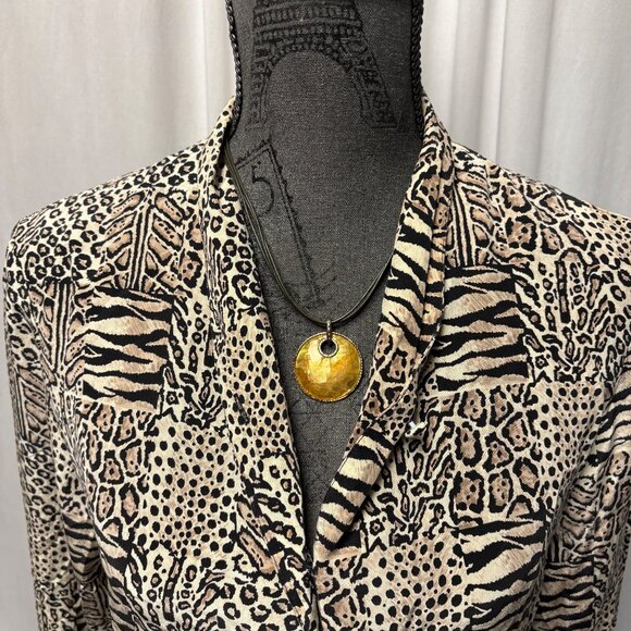Jacqueline Ferrar Silk Blouse Womens Size 6 Animal Print Button-Up Brown Black - Picture 8 of 8